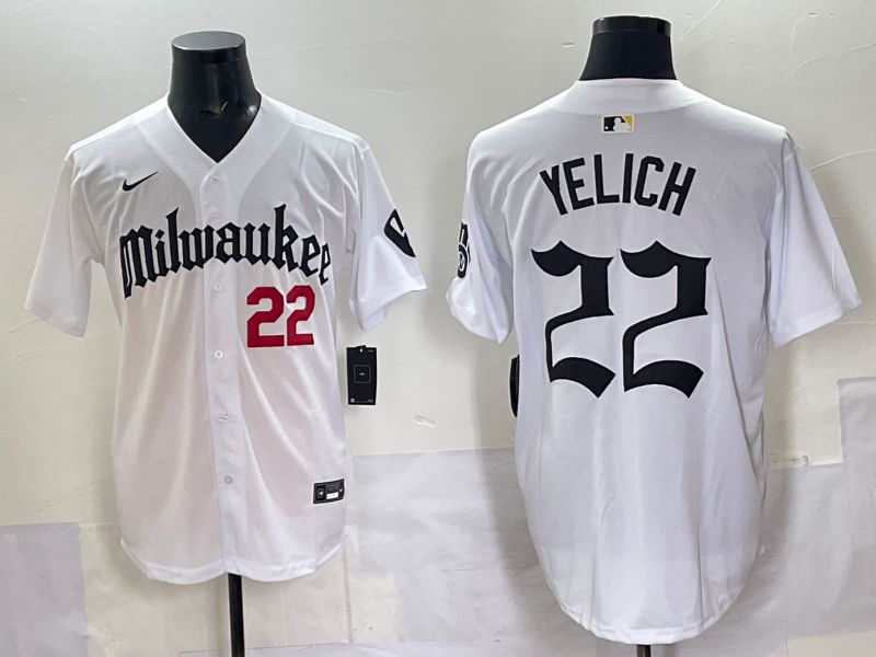 Men 2025 Milwaukee Brewers #22 Yelich White Five generations Joint Name Nike MLB Jersey style 05